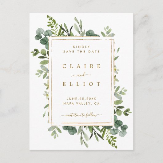 Carte Postale Faire-part Botanique Gold Greenery Wedding Enregistrer la dat (Devant)