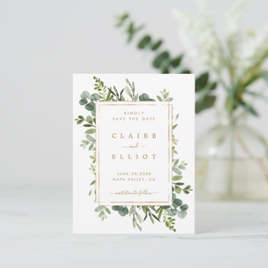 Carte Postale Faire-part Botanique Gold Greenery Wedding Enregistrer la dat (Debout devant)