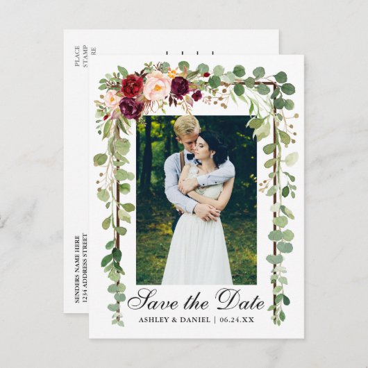 Carte Postale Faire-part Botanique Vert Bourgogne Floral Enregistrer La Dat (Devant / Derrière)