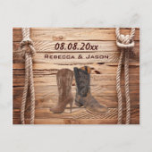 Carte Postale Faire-part Bottes de Cowboy en bois enregistrer la date (Devant)