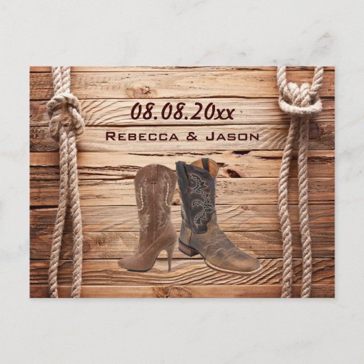 Carte Postale Faire-part Bottes de Cowboy en bois enregistrer la date (Devant)