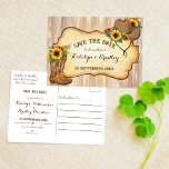 Carte Postale Faire-part Bottes de cowboy rustique et aquarelle de tourneso<br><div class="desc">Bottes rustiques de cowboy et aquarelle de tournesols casquettes enregistrer la date.</div>