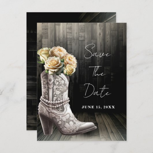 Carte Postale Faire-part Bottes en dentelle et fleurs blanches de cowgirl E (Devant / Derrière)