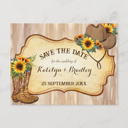 Carte Postale Faire-part Bottes et chapeau de cowboy rustiques aquarelle to (Devant)