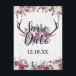 Carte Postale Faire-part Bouquet de ramures de cerf floral bordeaux Économi<br><div class="desc">Bouquet de ramures de cerf floral en bordeaux vin & or sur cartes postales de mariage rustique chic en bois blanc pour annoncer la date avec une police de script manuscrit tendance ! ~ Découvrez ma boutique pour voir toute la collection de mariage avec ce design !</div>