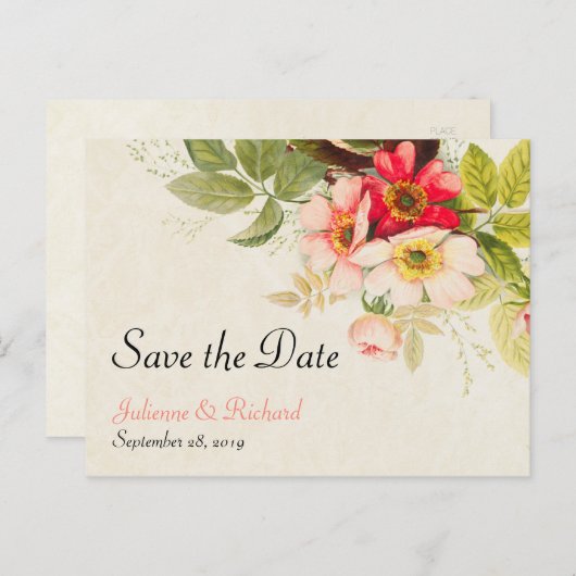 Carte Postale Faire-part Bouquet de roses anciennes Fleurs Mariage Étape à (Devant / Derrière)