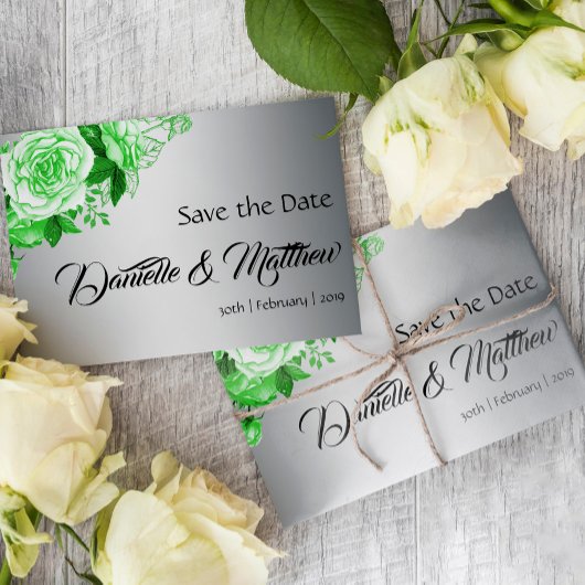 Carte Postale Faire-part Bouquet de roses vert émeraude sur mariage argenté