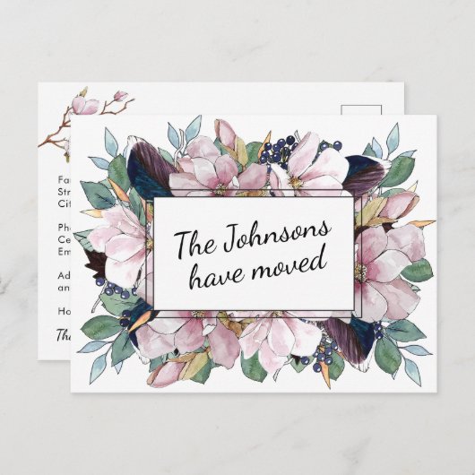 Carte Postale Faire-part Bouquet floral de magnolia rose Nouvelle adresse (Devant / Derrière)