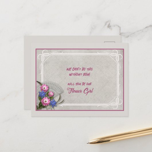 Carte Postale Faire-part Bouquet floral rose gris Fille (Devant/Arrière en situation)