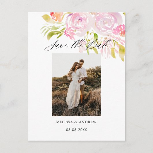 Carte Postale Faire-part Bouquet Rose Aquarelle Enregistrer La Date (Devant)