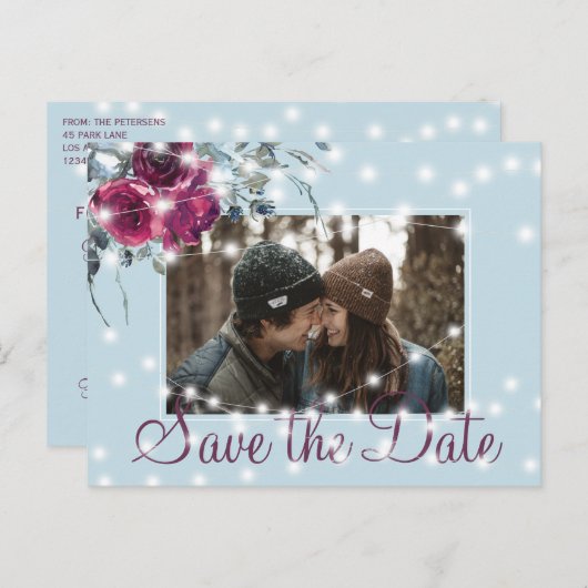 Carte Postale Faire-part Bourgogne bleu nuit lumières photo enregistrer dat (Devant / Derrière)