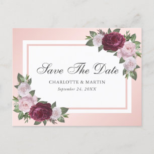 Carte Postale Faire-part Bourgogne Blush Rose Floral Enregistrer La Date