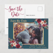 Carte Postale Faire-part Bourgogne Marine Floral sur Teal | Photo Enregistr (Devant / Derrière)