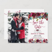 Carte Postale Faire-part Bourgogne Navy Floral Enregistrer la Date Photo (Devant / Derrière)