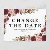 Carte Postale Faire-part Bourgogne Rouge Floral Changement De Date (Devant)