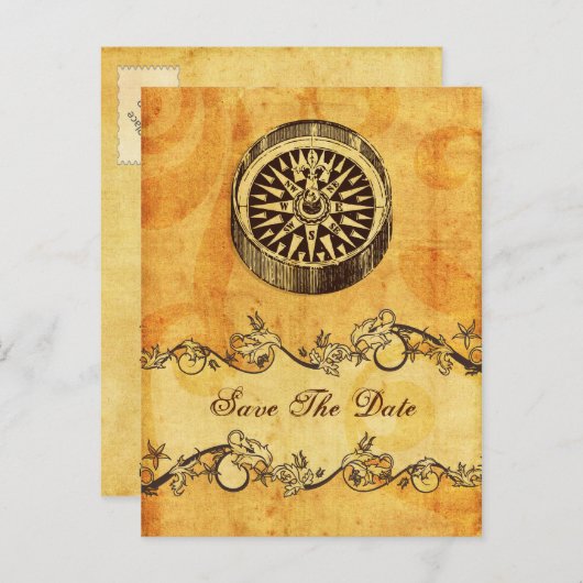 Carte Postale Faire-part boussole rustique mariage nautique enregistrer la  (Devant / Derrière)