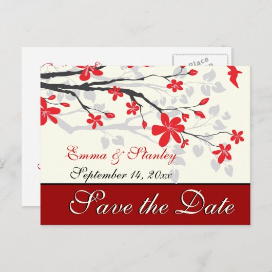 Carte Postale Faire-part Branche Magnolia rouge mariage personnalisé Enregi (Devant / Derrière)