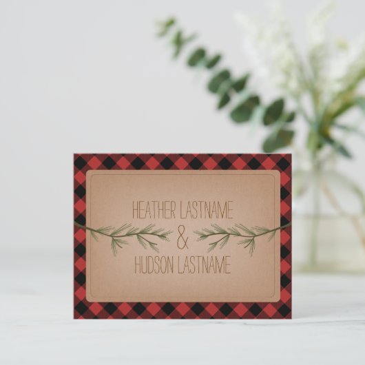 Carte Postale Faire-part Branches à feuillage persistant Plaid Rustic Enreg (Debout devant)