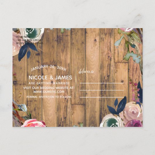 Carte Postale Faire-part Branches de bois rustique Couronne florale Enregis (Dos)