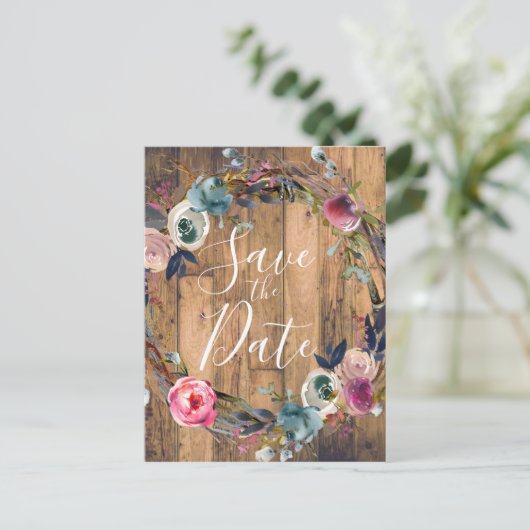 Carte Postale Faire-part Branches de bois rustique Couronne florale Enregis (Debout devant)