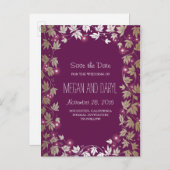 Carte Postale Faire-part Branches de jardin Plum et Gold Enregistrer la dat (Devant / Derrière)