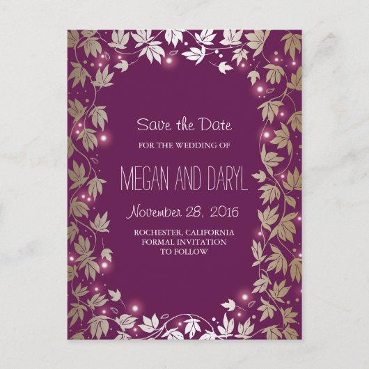 Carte Postale Faire-part Branches de jardin Plum et Gold Enregistrer la dat (Devant)