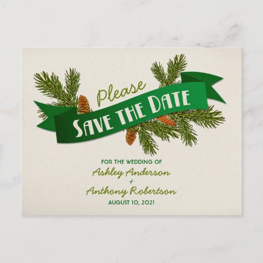 Carte Postale Faire-part Branches de pin Camping Mariage Enregistrer la dat (Devant)