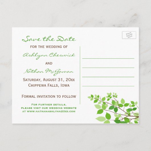 Carte Postale Faire-part Branches vertes de feuilles Enregistrer la date Ca (Dos)