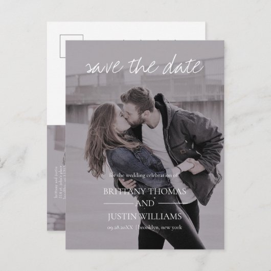 Carte Postale Faire-part Brittany Modern Photo White Script Enregistrer la  (Devant / Derrière)