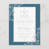 Carte Postale Faire-part Broderie Florale Bleu Argent Épargnez la Date (Devant)