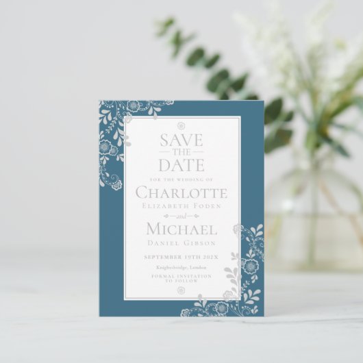 Carte Postale Faire-part Broderie Florale Bleu Argent Épargnez la Date (Debout devant)