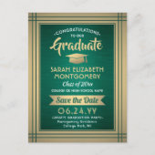 Carte Postale Faire-part Brossé Green & Gold Graduate photo Enregistrer la  (Devant)