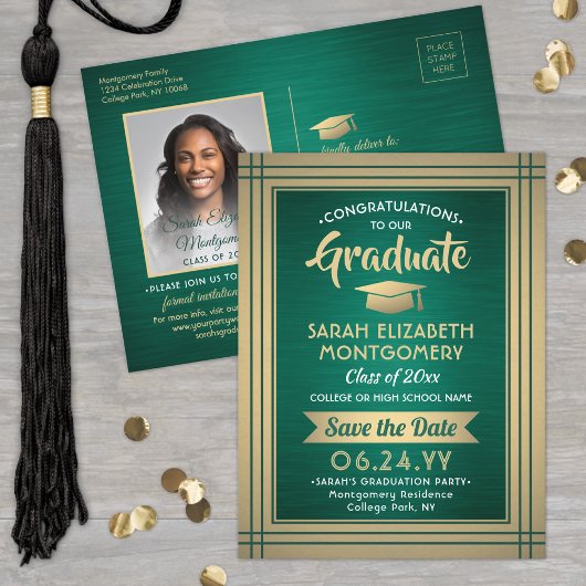Carte Postale Faire-part Brossé Green & Gold Graduate photo Enregistrer la 