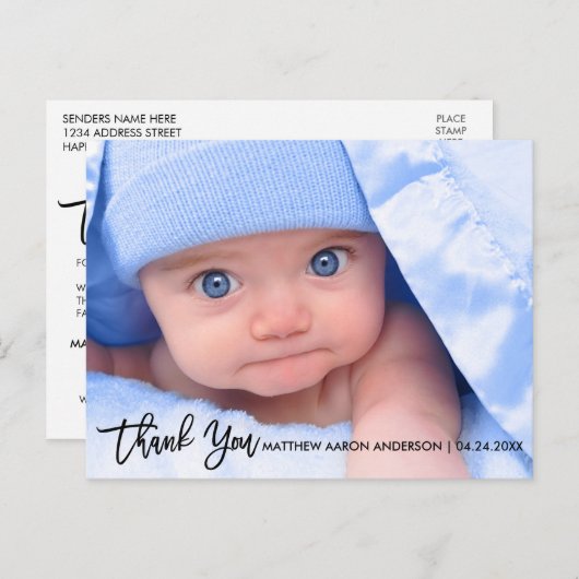 Carte Postale Faire-part Brosse moderne Script Nouveau Merci bébé B (Devant / Derrière)