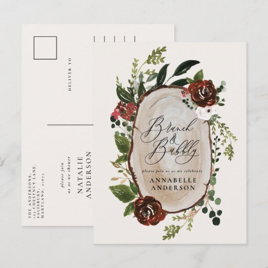 Carte Postale Faire-part Brun de douche nuptiale rustique et bourgogne (Devant / Derrière)