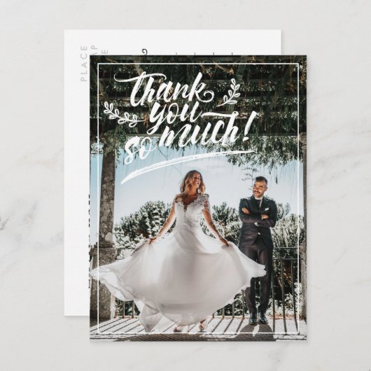 Carte Postale Faire-part Brush blanc Script Twig Merci photo Mariage (Devant / Derrière)