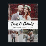 Carte Postale Faire-part Brush Script Love & Thanks Mariage Collage<br><div class="desc">Dites merci à votre invité mariage avec cette belle carte de remerciements où vous pouvez ajouter trois magnifiques photos de votre mariage. L'amour et les remerciements sont écrits dans un charmant script de brosse. Ajoutez vos noms et,  au verso,  un message personnel à votre invité.</div>