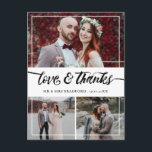 Carte Postale Faire-part Brush Script Love & Thanks Mariage Collage<br><div class="desc">Dites merci à votre invité mariage avec cette belle carte de remerciements où vous pouvez ajouter trois magnifiques photos de votre mariage. L'amour et les remerciements sont écrits dans un charmant script de brosse. Ajoutez vos noms et,  au verso,  un message personnel à votre invité.</div>