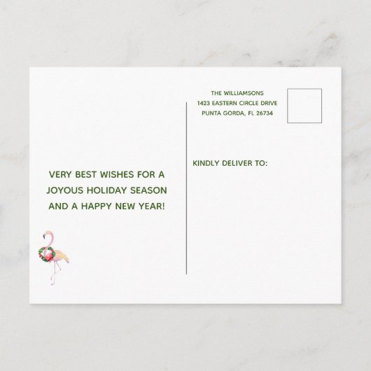 Carte Postale Faire-part Budget Beach Flamant rose Wreath Noël unique (Dos)