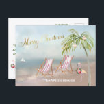 Carte Postale Faire-part Budget Beach Flamant rose Wreath Noël unique<br><div class="desc">Joyeux Noël sur cette belle Watercolor Beach — scène paisible et douce avec deux transats — flamand amical avec de jolies couronnes — Palmier avec quelques ornements.  Aussi disponible en différents poids de papier — votre sélection.</div>