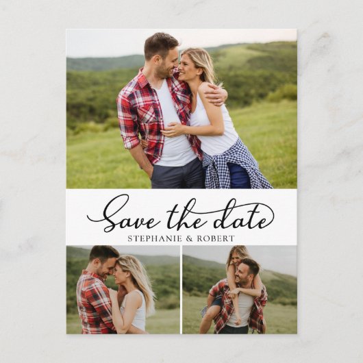 Carte Postale Faire-part Budget Modern Script 3 Photo Collage Enregistrer L (Devant)