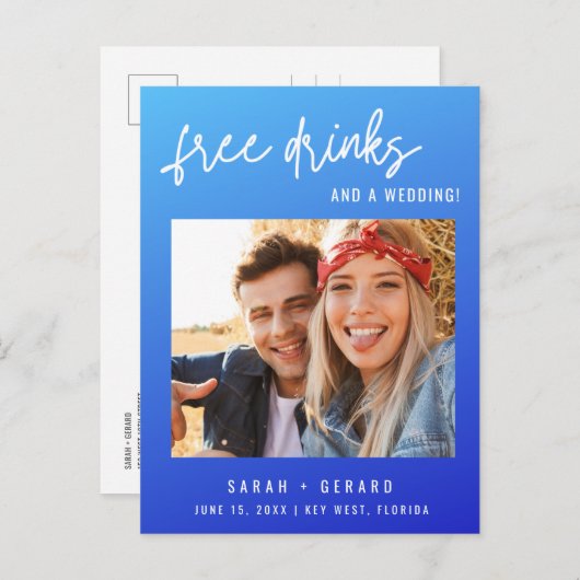 Carte Postale Faire-part Budget Photo Funny Boissons libres et un Mariage (Devant / Derrière)