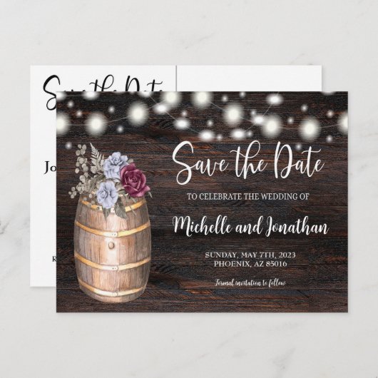 Carte Postale Faire-part Budget Rustique Fleurs de Tonneau Enregistrer la D (Devant / Derrière)