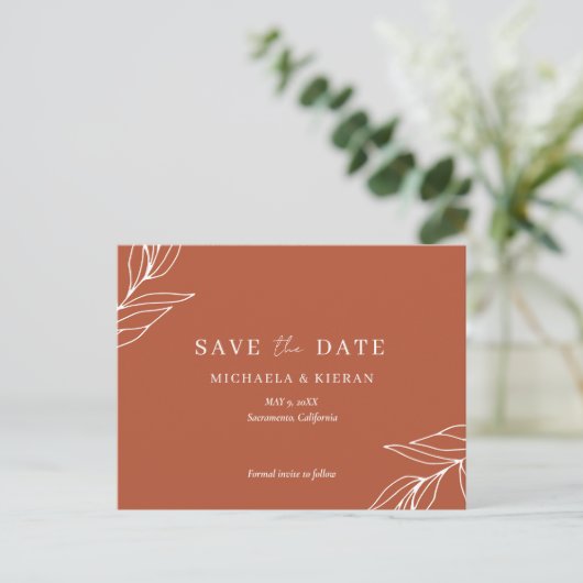 Carte Postale Faire-part Budget Tropical Rust Wedding Enregistrer La Date (Debout devant)