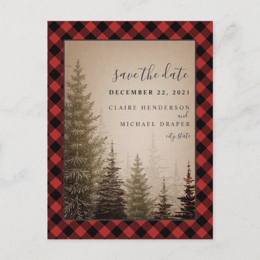 Carte Postale Faire-part Buffalo Plaid Mariage À feuillage persistant Enreg (Devant)