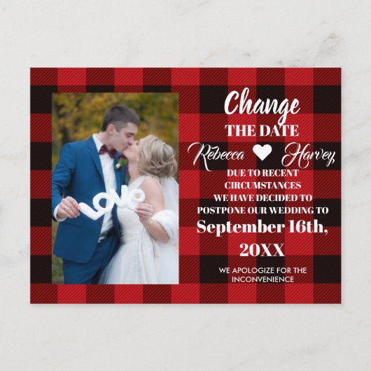 Carte Postale Faire-part buffalo plaid rustique mariage changer la date (Devant)