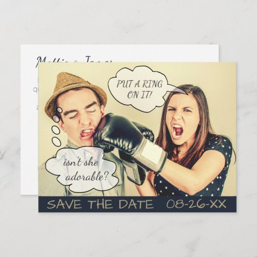 Carte Postale Faire-part Bulle de texte drôle Enregistrez la date (Devant / Derrière)