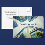 Carte Postale Faire-part Bureau déménagé Moderne Bâtiment Changement d'adre<br><div class="desc">Notre bureau a déménagé dans un nouveau bâtiment, s'il vous plaît mettre à jour votre carnet d'adresses. Il vous suffit de remplir les espaces de texte avec les informations de votre entreprise personnalisée pour envoyer des cartes postales de changement d'adresse professionnelle à tous vos contacts professionnels et clients. Photographie moderne...</div>