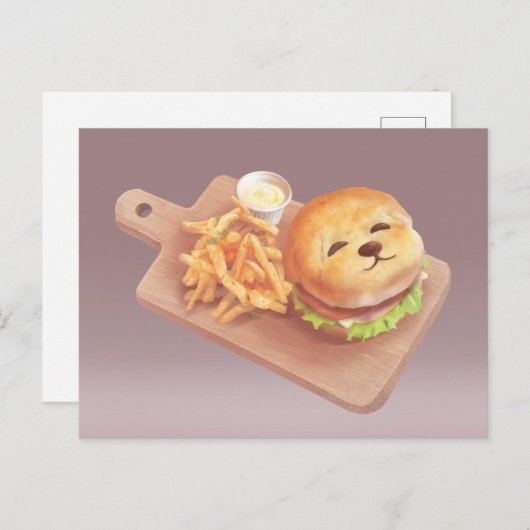 Carte Postale Faire-part Burger visage de chien adorable avec frites (Devant / Derrière)