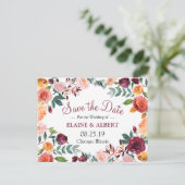 Carte Postale Faire-part Burgundy Aquarelle Floral Enregistrer La Date Cart (Debout devant)